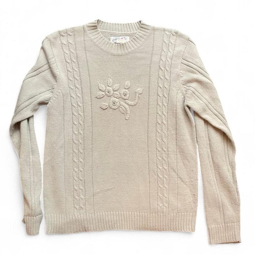 Haband Women's M Gray Green Crew Neck Cable Knit Embroidered Crewel Sweater